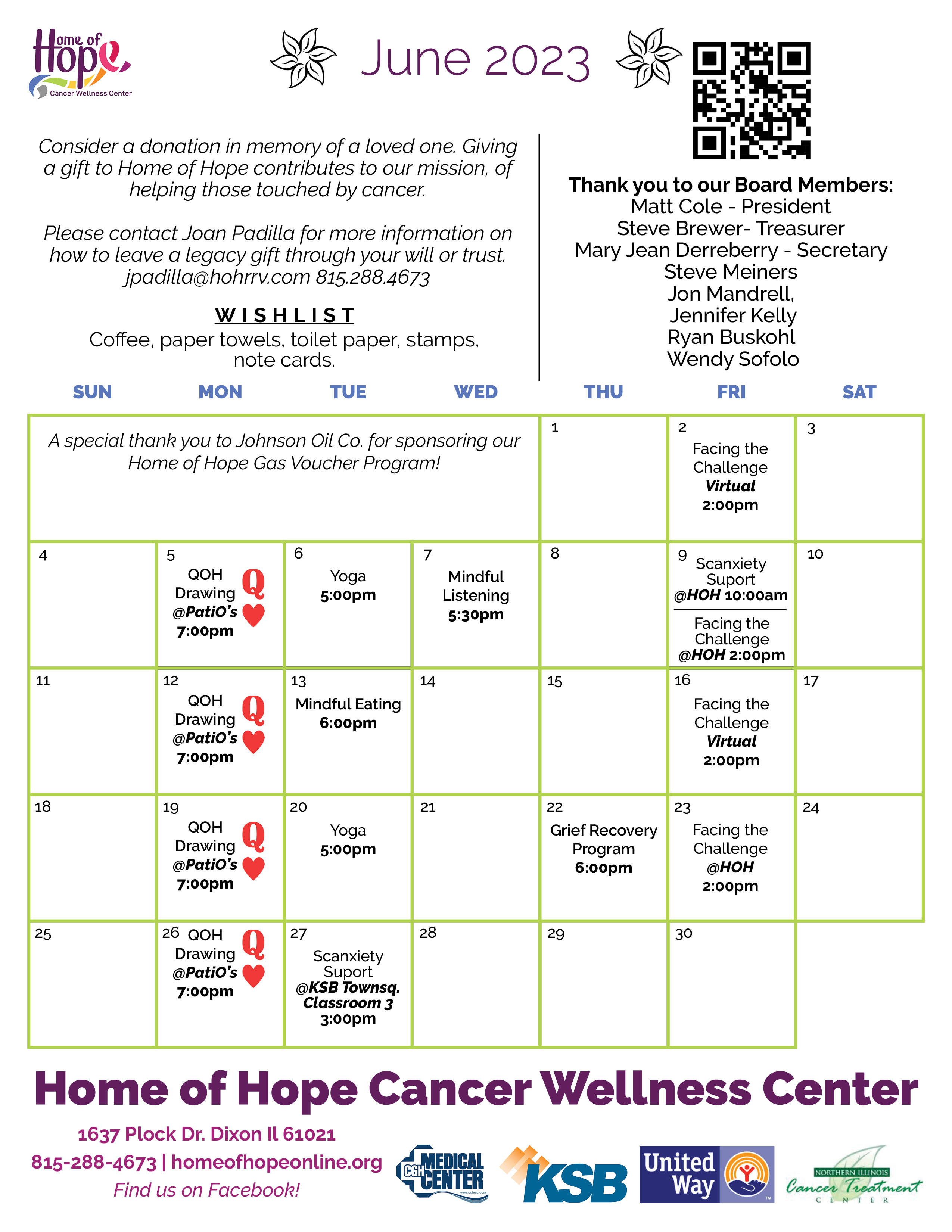 Home Of Hope Cancer Wellness Center's June Monthly Calendar